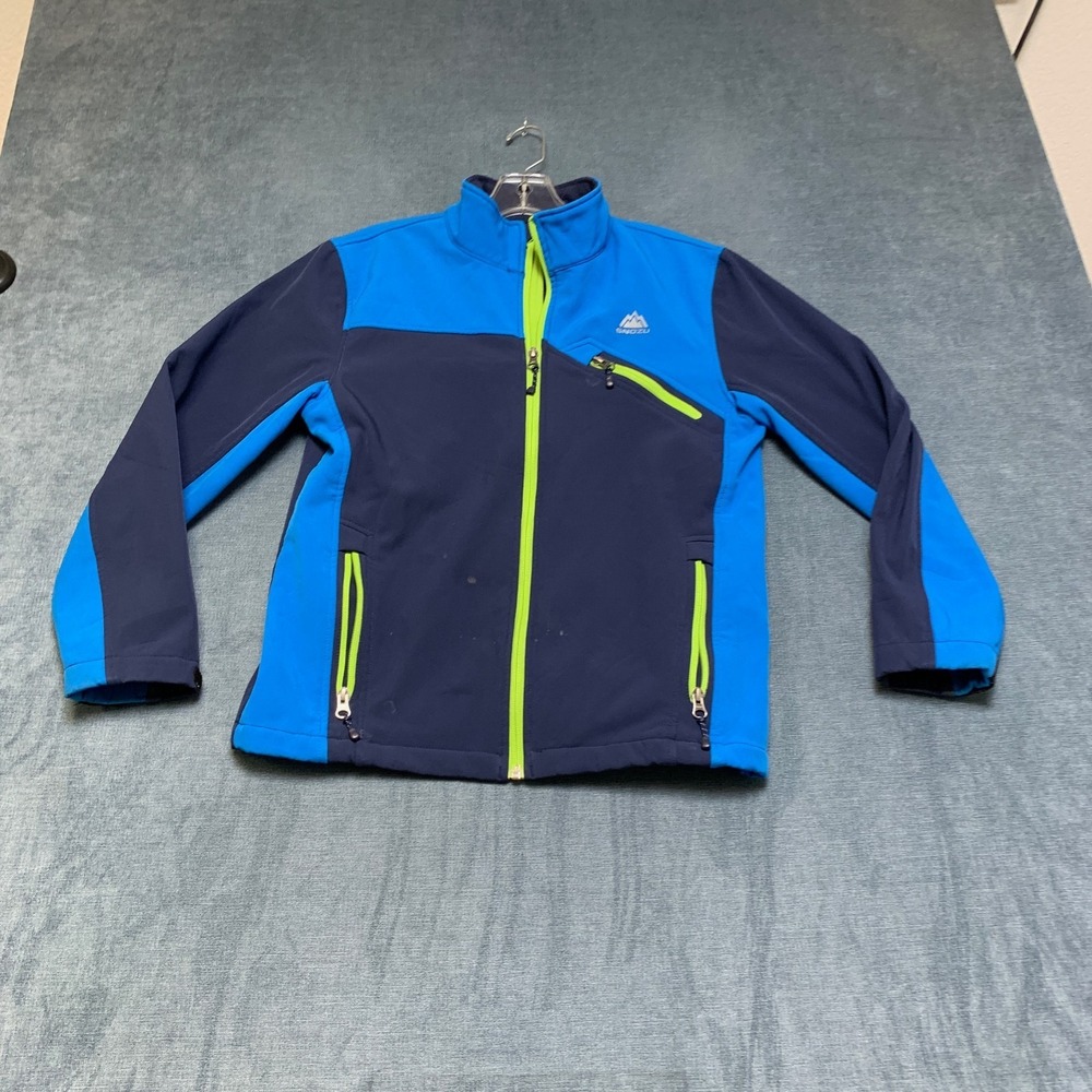 Snozu Ski Jacket Boys L 14/16 Navy Blue Neon Full Zip Fleece Lined Long Sleeve